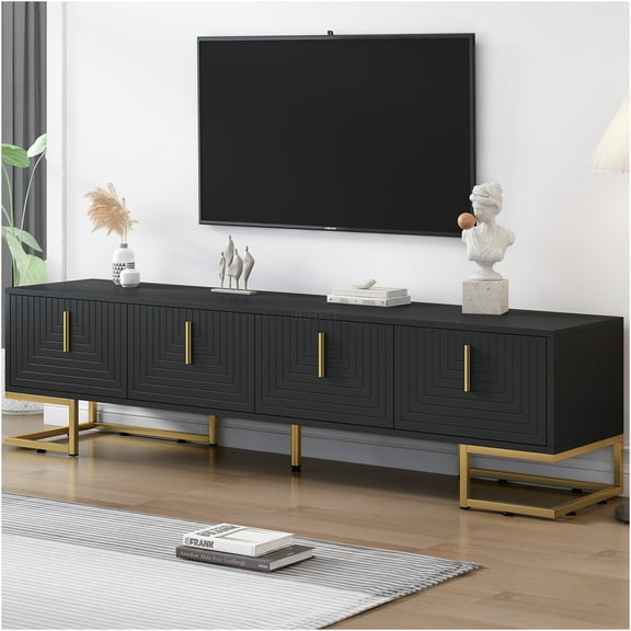 JERFIT Modern 80 inch TV Stand Console with Storage Cabinets, Geometric Design Media Entertainment Center for Living Room, Black and Gold