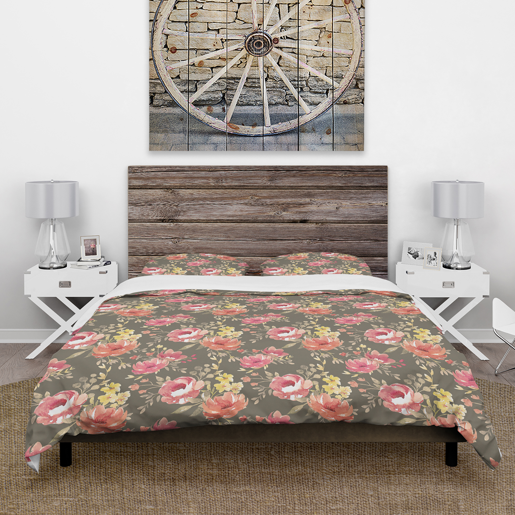 Designart 'Watercolor Pink, Yellow and Red Flowers' Floral Duvet Cover Set