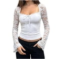 thumbnail image 3 of Uaswgudfs Womens Summer Tops Lace Long Sleeve Top Square Neck 2-in-1 Slim Fit Blouse, 3 of 6