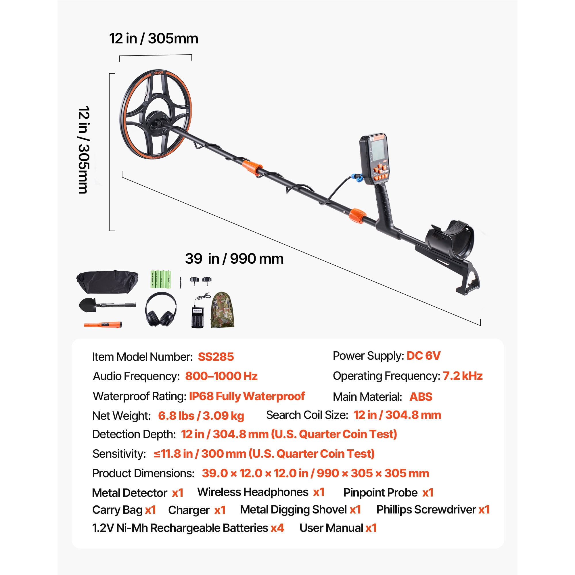 KFFKFF Waterproof Metal Detector, 12" Coil, High-Precision Gold Finder for Adults, with Screen, Wireless Headphones, 7 Detection Modes, Adjustable Shaft, Ideal for Gold and Treasure Hunting