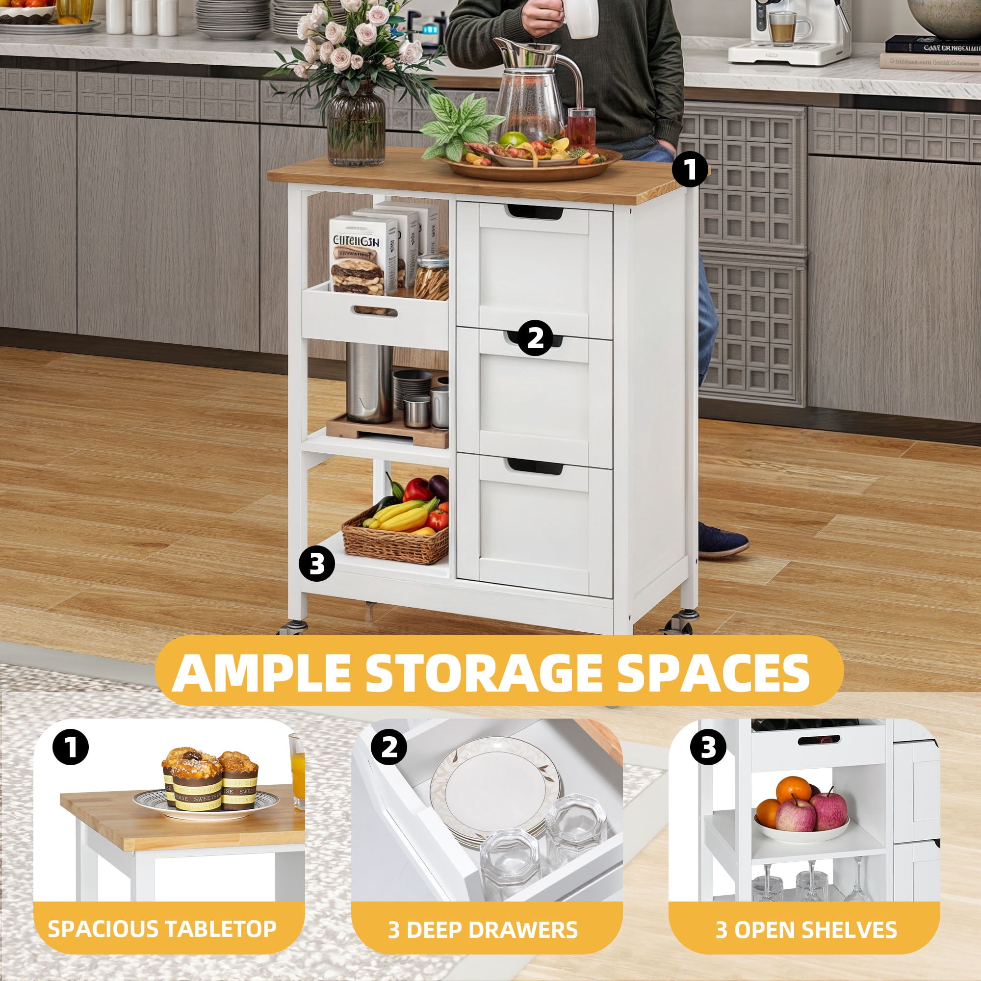 DWVO Rolling Kitchen Island Cart with Countertop and Drawer, 3 Tier Mobile Kitchen Storage Island Cart with 3 Drawers and 3 Opening Storage Shelves for Kitchen Living Room, White