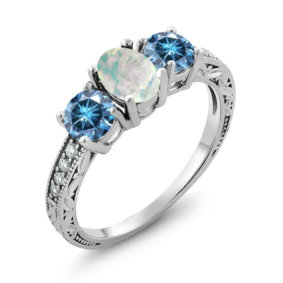 Gem Stone King 925 Sterling Silver Oval/Cabochon White Simulated Opal and Persian Blue Moissanite 3-Stone Ring for Women (2.12 Cttw, Size 7)