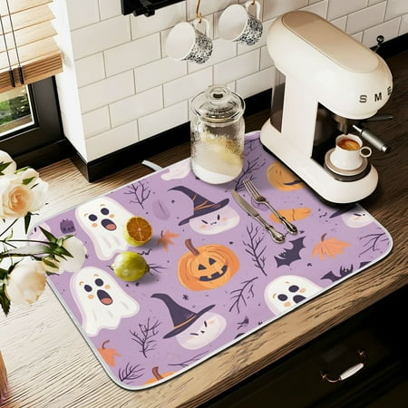 

Yayeee Drying Mat for Kitchen Counter Dishes Microfiber Coffee Decorative Pad Purple Cute Halloween