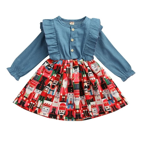 

Baby Girl Denim Patchwork Dress Long Sleeve Ruffled Christmas Elements Dress