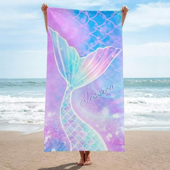 AISENIN Personalized Mermaid Beach Towels for Kids Girls with Name Microfiber Customized Monogrammed Beach Towels for Beach Pool Travel Camping