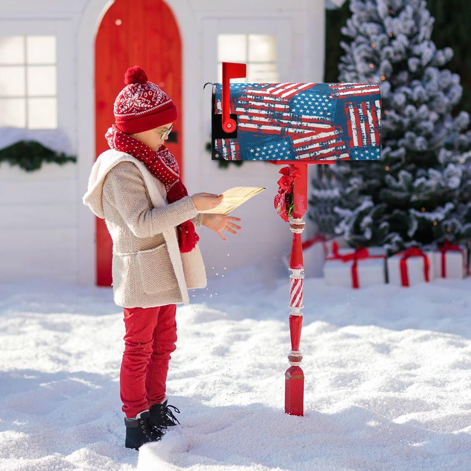 Grunge American Flags Mailbox Cover 4th of July Patriotic Mailbox Covers Magnetic Large Oversized 21"X25.5" Mailbox Wraps Post Letter Box Cover Garden Decorations