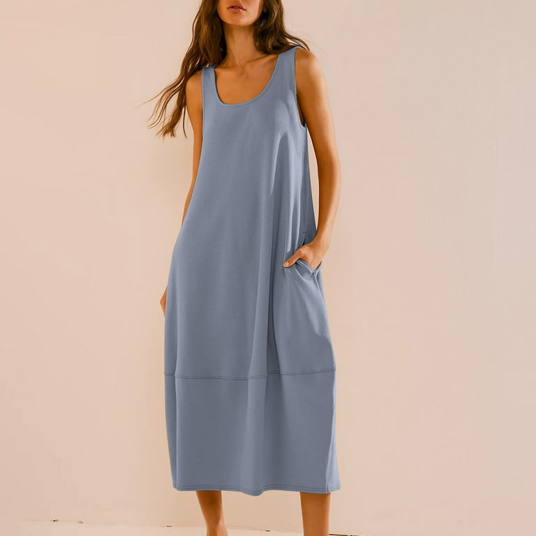 Cotton Summer Dress Womens Sleeveless Scoop Neck Tank Top Mid Long Dress  with Pockets Loose Casual Dresses, L Light Blue - Walmart.com