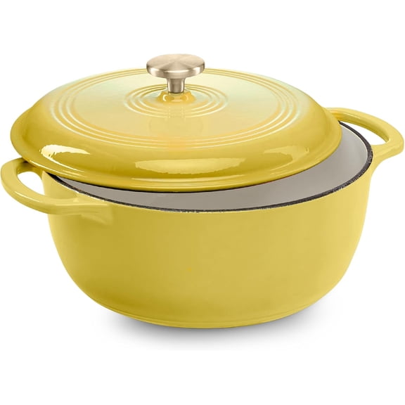 WILLYO 6 Quart Enamel Cast-Iron Round Dutch Oven, Family Style Heavy-Duty Pre-Seasoned Cookware for Home, Kitchen, Dining Room, Oven Safe w/Lid, Dual Handles - Lemon Meringue