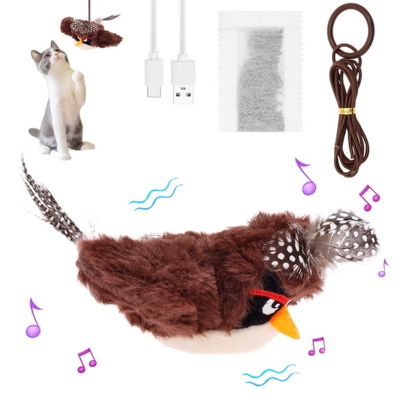 Ikoopy Interactive Electric Cat Toy Bird Movable with Catnip Interactive Cat Toy Automatic Simulated Chirping Sparrow USB Charging Detachable
