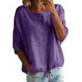 thumbnail image 5 of Helii Women's Cotton Linen Blouse – 3/4 Lantern Sleeve Round Neck Top, Plus Size Loose Fit Tunic with Drawstring Hem, Breathable Summer Shirt for Casual Vacation Dark Purple,L, 5 of 9