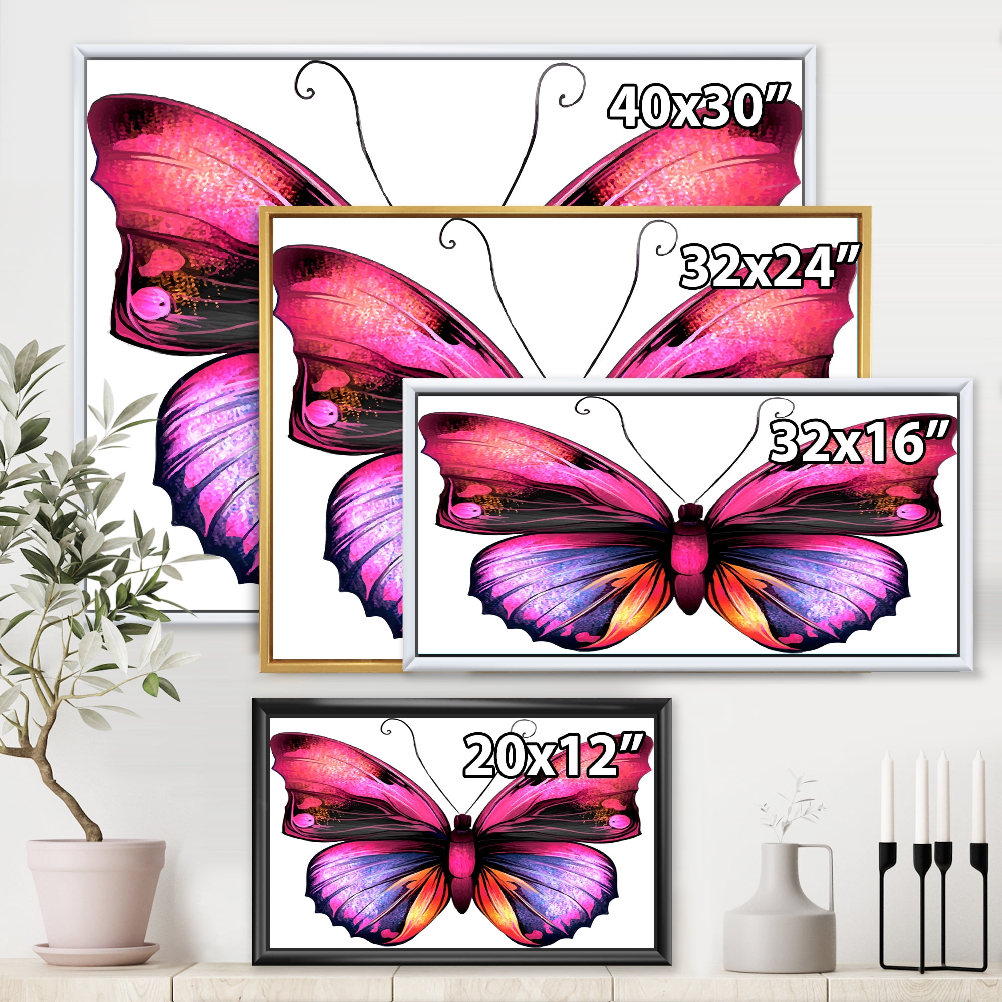 Designart 'Portrait Of Bright Pink Butterfly' Modern Framed Canvas Wall Art Print