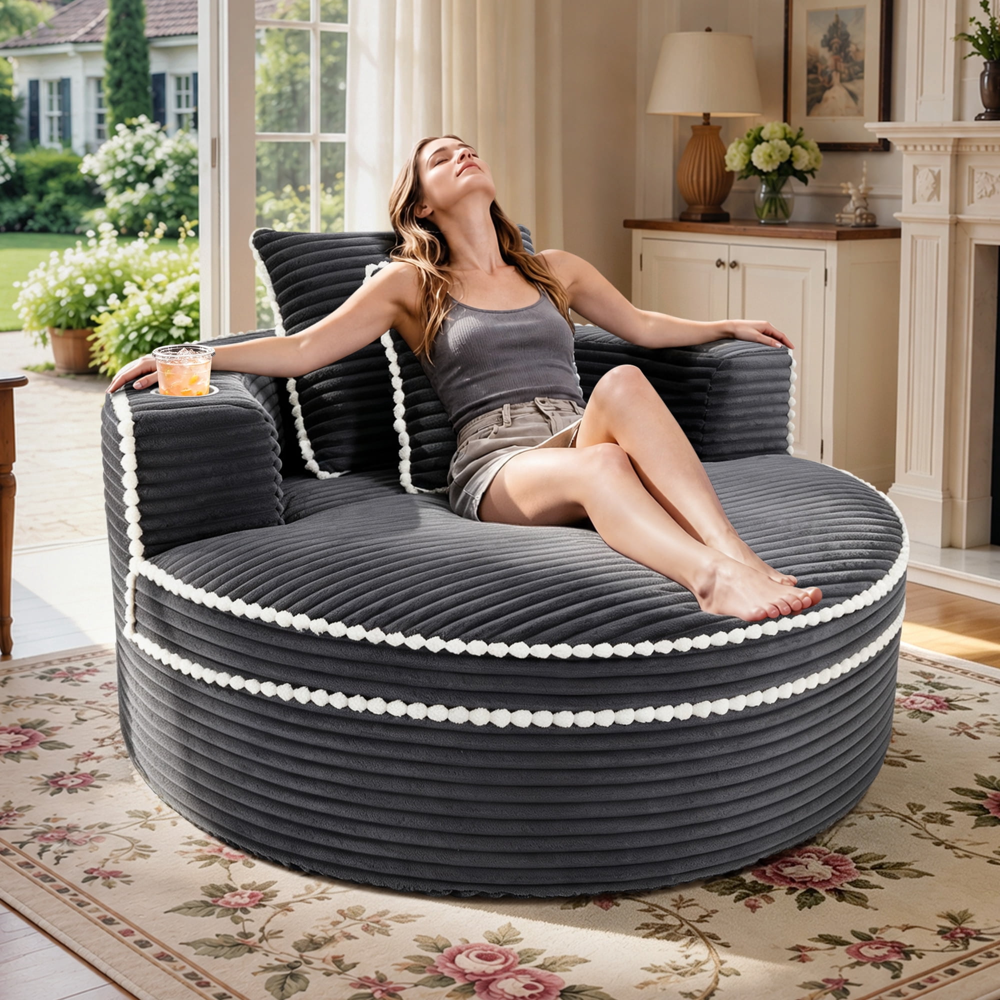 Lunale 54" Oversized Chaise Lounge Chair Indoor, Round Boneless Cloud Couch, No Assembly Required, Accent Reading Chair for Living Room, Gray Corduroy