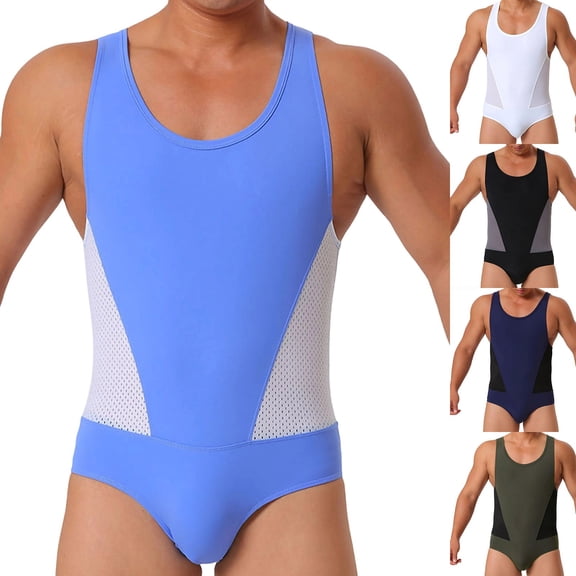 Ahuyic Mens One Piece Swimsuits,Mens High Elasticity Jumpsuit Solid Color Vest Jumpsuit Men's Jumpsuit,White,L