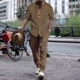 thumbnail image 2 of Fgnfyis Men's Linen Shirt Sets Outfits 2 Pieces Henley Shirts Long Sleeve Loose Yoga Pants Beach Clothing Mens Suits Brown XXXL, 2 of 9