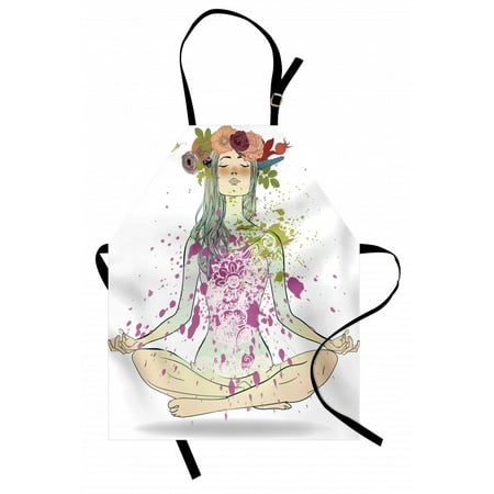 

Yoga Apron Girl with Floral Wreath Sitting in Lotus Pose Color Splashes Levitation Meditation Unisex Kitchen Bib Apron with Adjustable Neck for Cooking Baking Gardening Multicolor by Ambesonne