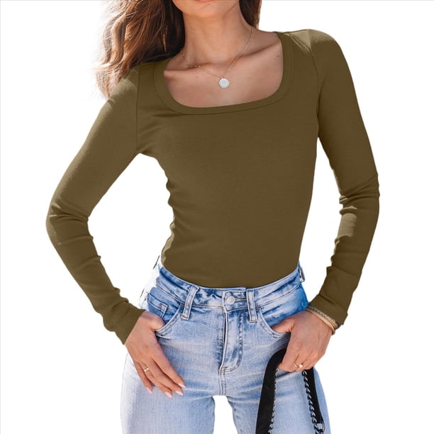 Camisas de Larga para Mujer, Blusas de Cuello Cuadrado, Blusas Básicas de Punto Acanalado, Conjuntos de Otoño, Ropa de Moda Color Matcha M