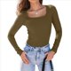 thumbnail image 1 of Camisas de Larga para Mujer, Blusas de Cuello Cuadrado, Blusas Básicas de Punto Acanalado, Conjuntos de Otoño, Ropa de Moda Color Matcha M, 1 of 8