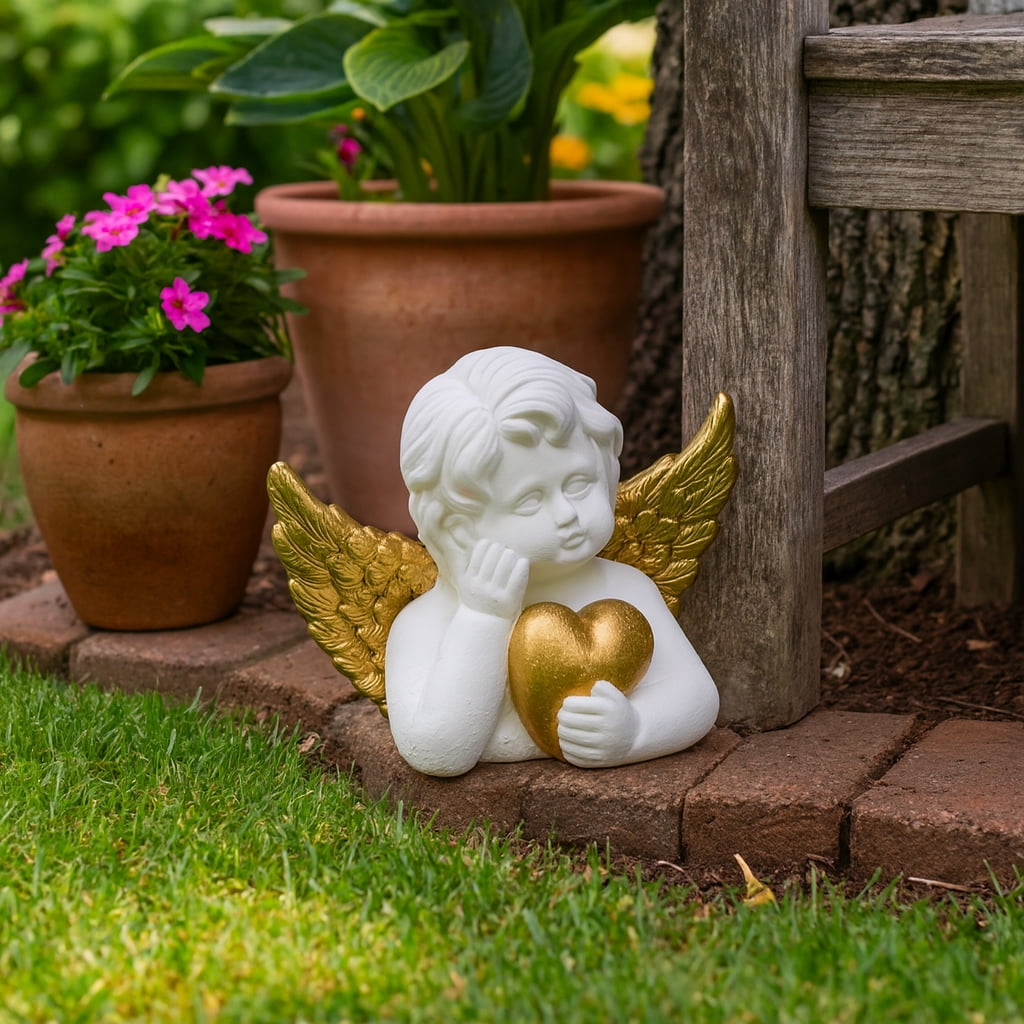 Cherub Angel with Heart Garden Statuary Decor - Outdoor Decor for Front Porch, Garden, and Patio Accent - Decorative Statue and Figurine for Landscape and Yard Art - 11", White & Gold