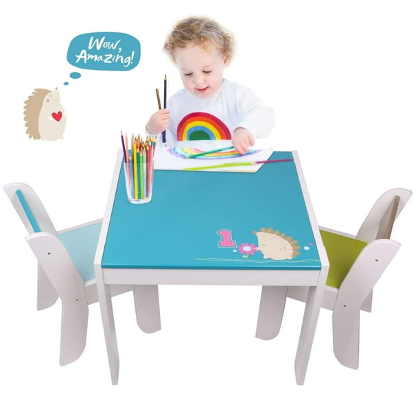 Labebe Wooden Activity Table Chair Set Blue Hedgehog Toddler
