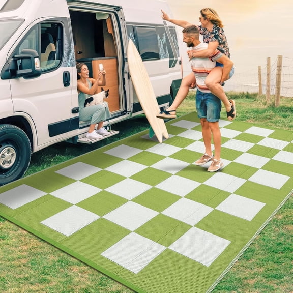 8x10 Ft Outdoor Rug Patio Waterproof Foldable Modern Geometric Plaid Green White
