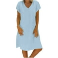 thumbnail image 2 of BLTIBY Womens Cotton Linen Dresses Short Sleeve Spring Summer Mini Dress V Neck Solid Color Casual Beach Fashion Vacation Dresses Light Blue M, 2 of 5