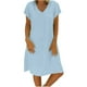 thumbnail image 2 of ICHUANYI Clearance Fashion Women Loose V-Neck Summer Solid Short Sleeve Cotton And Linen Dress(Light Blue, XXL) ICHUANYI WER2023080803290, 2 of 5