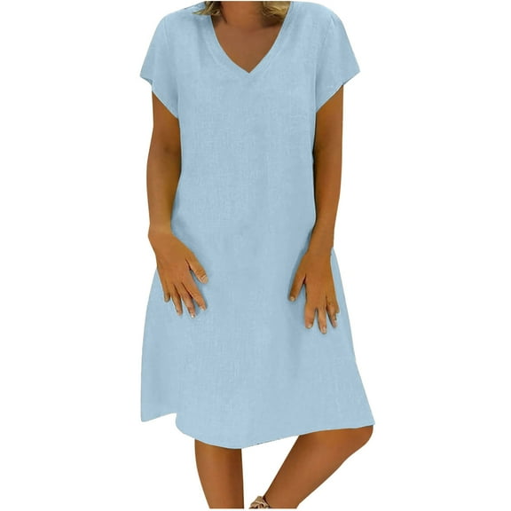 JINMGG Summer Dresses 2024, Dresses for Women 2024 Fashion Women Loose V-Neck Summer Solid Short Sleeve Cotton and Linen Dress Light Blue XXXL