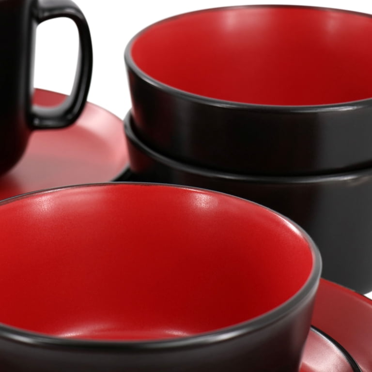 Elama 16 Piece Stoneware Dinnerware Set, Black & Red photo 7