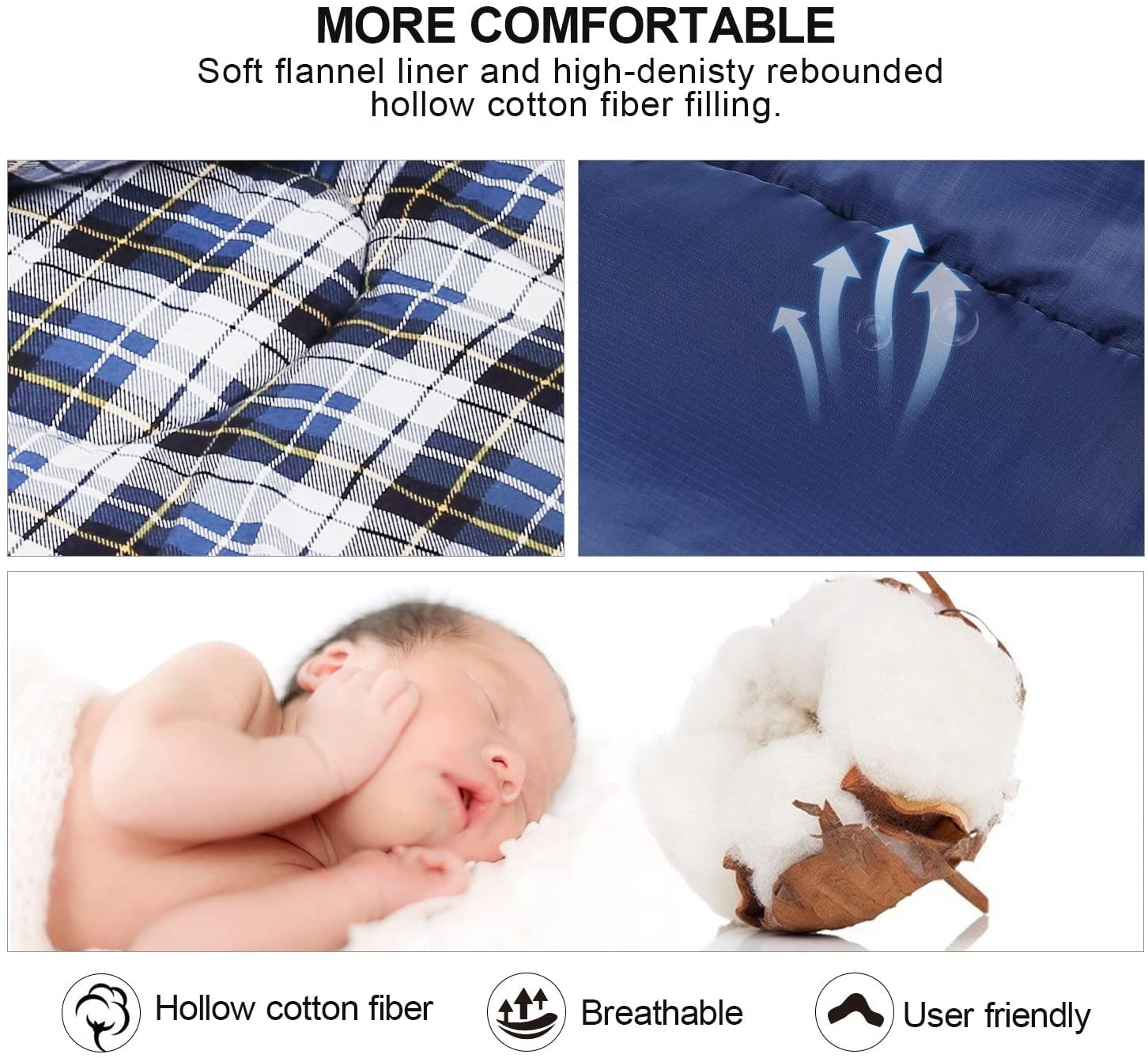 REDCAMP Cotton Flannel Sleeping Bag for Camping Backpacking,4 Season Adults Cold Weather Envelope Sleeping Bags with 2/3/4lbs Filling