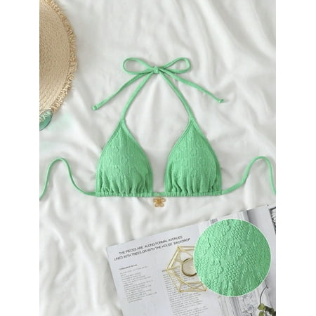 Swim Mod Beach Summer Outfits For Women  Textured Fabric Solid Color Women s Halter Triangle Bikini Top