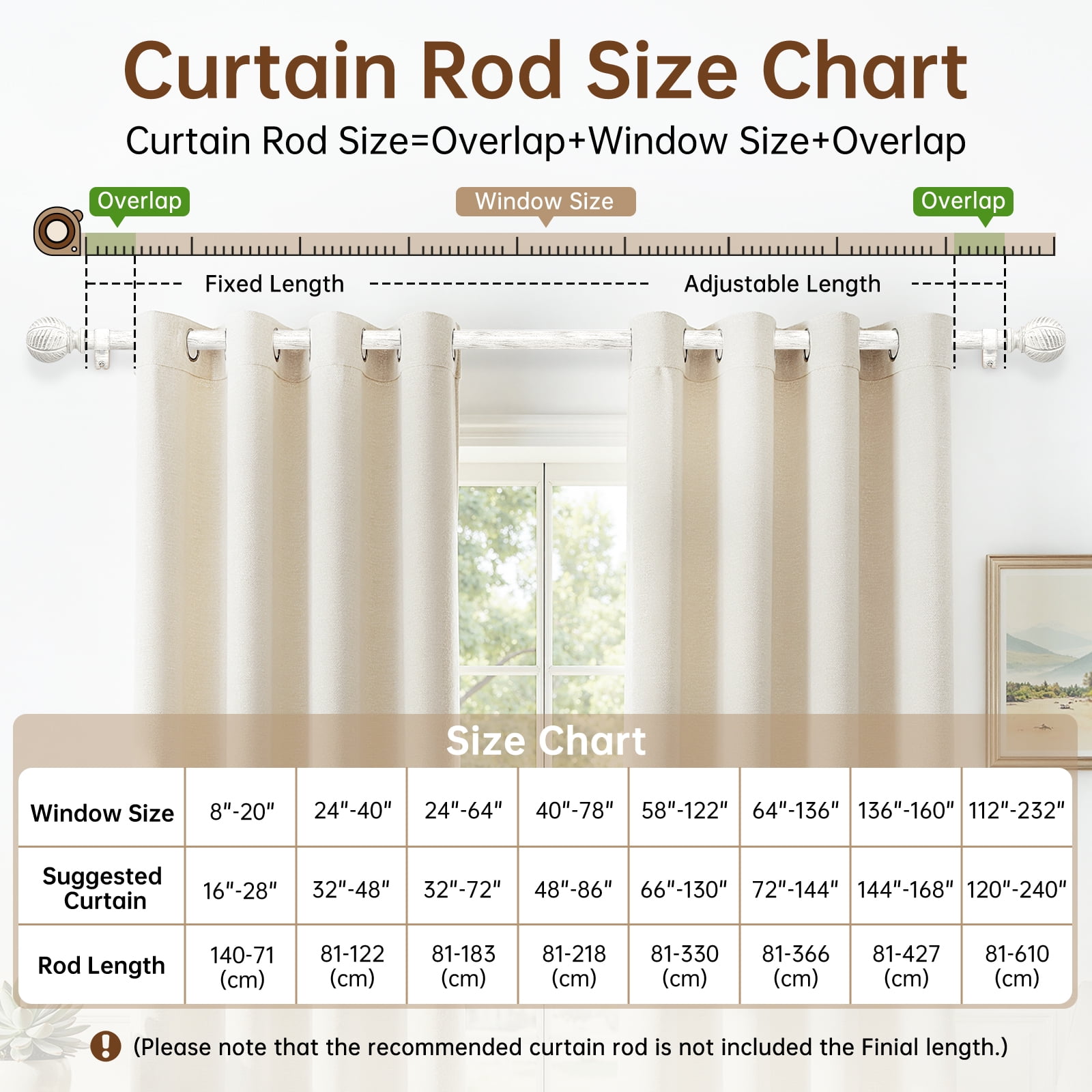 NewBuros Adjustable Wood Curtain Rod, 32 to 86 Inch, 1" Diameter Heavy-Duty Indoor Curtain Rod, Sturdy Rust-Proof with Wood Grain Leaf Pattern, White