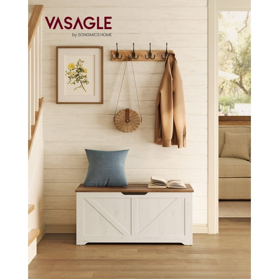VASAGLE Storage Chest, Storage Bench with 2 Safety Hinges, Farmhouse Style, 15.7 x 39.4 x 18.1 Inches, for Entryway, Bedroom, Living Room, Honey Brown and Rustic White