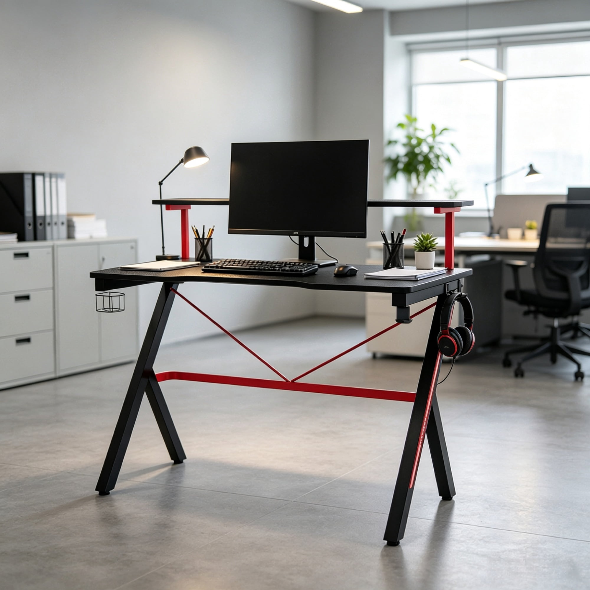 47 Inch Black Gaming Desk with Elevated Monitor Shelf Rotatable Cup Holder And Headphone Hook Racing Computer Workstation for Home Office