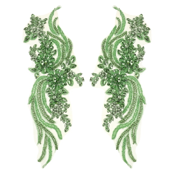 Uxcell 1 Pair Handmade Rhinestone Applique Patch, 14" x 5" Beaded Embroidery Sequin Patches for Sew on Wedding Dress Cloth DIY Crafts Decoration, Green