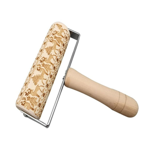 Feltree Wooden Christmas Embossed Pattern Rolling Pin Engraved Pizza Baking Rolling Pin Christmas Baking Non-stick Christmas Pattern
