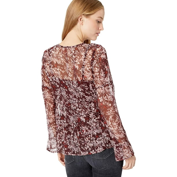 Lucky Brand Women's All Over Print Peasant Ruffle TOP, Burgundy/Multi, XS