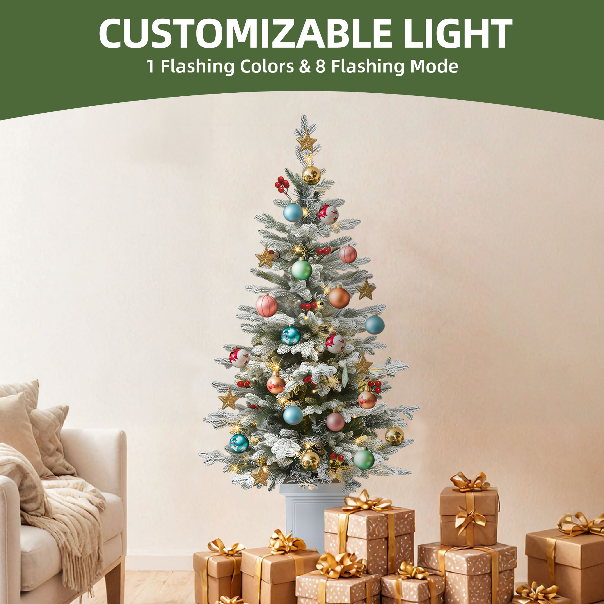 Uforic 4.5ft Potted Pre-Lit Flocked Pencil Christmas Tree with 358 PE & PVC Tips & 100 Lights, White Flocked