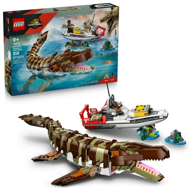 LEGO Jurassic World Brick-Built Mosasaurus Boat Mission Dinosaur Toy for Kids, Boys, and Girls, 9  - Poseable Dinosaur plus LeClerc and Atwater Minifigures - Gift Idea for Young Movie Fans - 76974