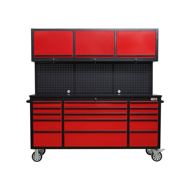 GABINETE DE ACERO INOXIDABLE COLOR ROJO 15 CAJONES Y 3 GABINETES SUPERIORES THOR KITCHEN HTC7218PCR