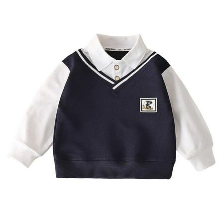 AHTJRT Kids Long Sleeve Shirt Casual Lightweight Lapel Button Top Tees Fake Two Pieces School College Uniforms Fashion Fall Spring Tops Navy 1-2 Years
