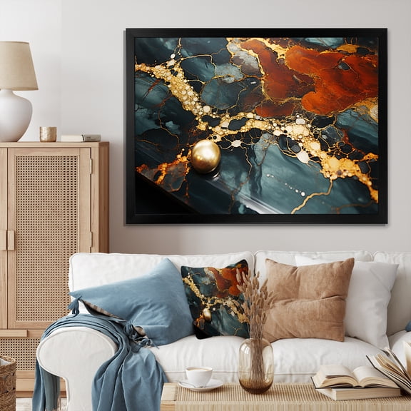 Designart "Serene Dream Gold and Green Abstract Marble V" Abstract Framed Wall Art Decor - Modern Gold Abstract Marble Bedroom Framed Canvas Wall Art