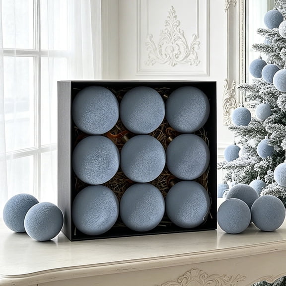 Flocked Christmas Ball Ornaments Set of 9, Large Textured Velvet Baubles for Christmas Tree, Matte Holiday Decorations for Tree and Garland - Gray