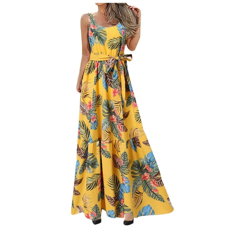 Hawaiian Dresses for Women Tropical Long Dress Sleeveless Round