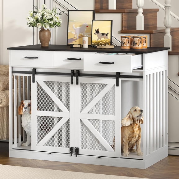 47 Inch Wooden Dog Crate Furniture for 2 Dogs with Removable Divider & Storage Drawers, Double Door Kennel for Medium and Extra Large Dogs, Farmhouse Dog Cage Side End Table for Indoor use, White