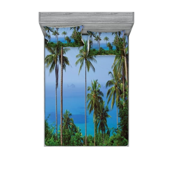 Ambesonne Tropical Fitted Sheet & Pillow Sham Set, Ocean Jungle Beauty, Full, Blue Green