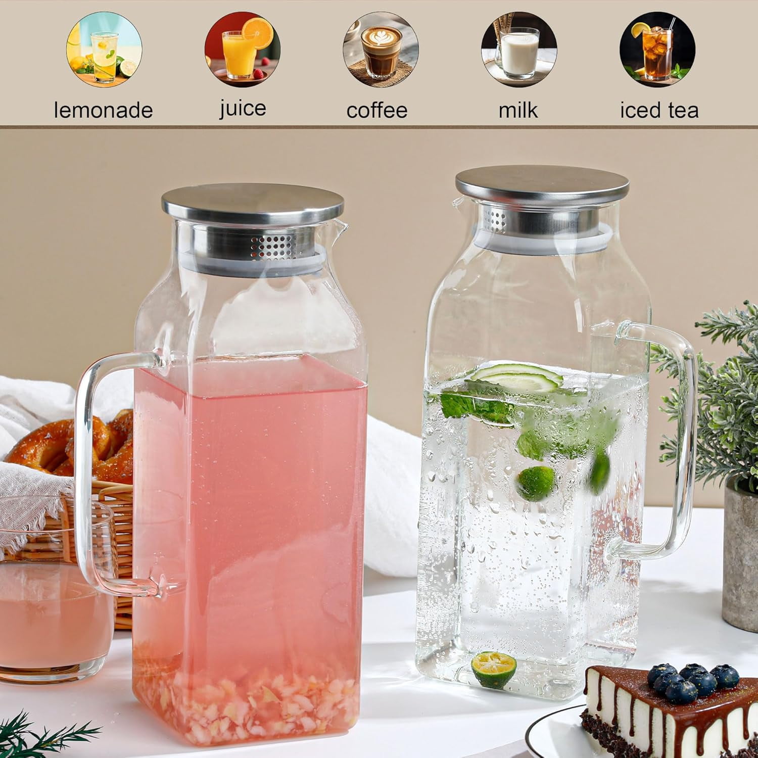 2 Pack 68 oz Square Glass Pitcher with Lid and Handle for Fridge, Iced Tea and Coffee Carafe Beverage Serveware, Heat Resistant Borosilicate Water Jug for Hot/Cold Drinks and Milk
