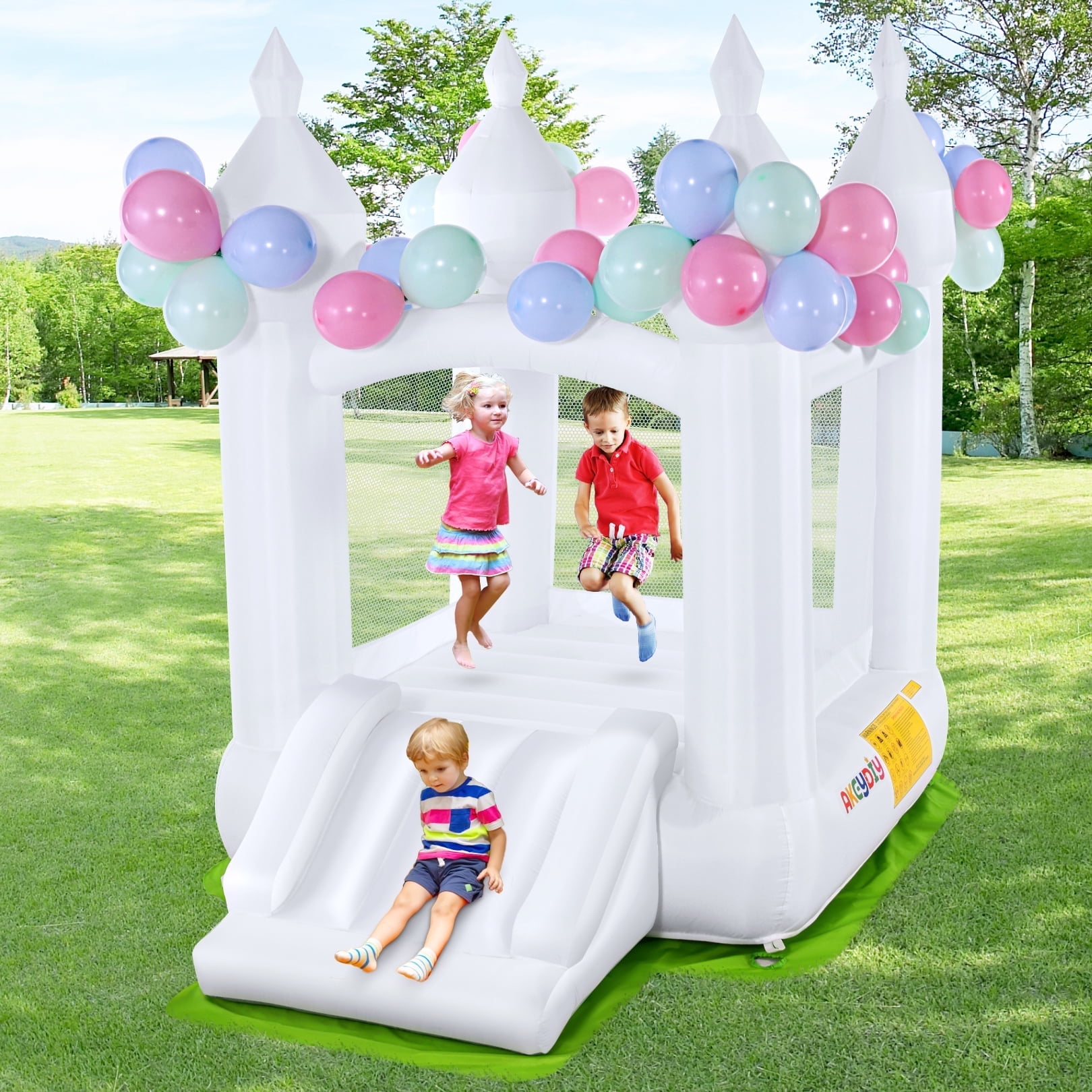 Adnoom Inflatable Bounce House for Kids 3~10, Bounce House with Slide, White Jumping Castle with 210D Ground Cloth, Bouncy House for Wedding, Party, Gift Decoration, Indoor & Outdoor, without Blower