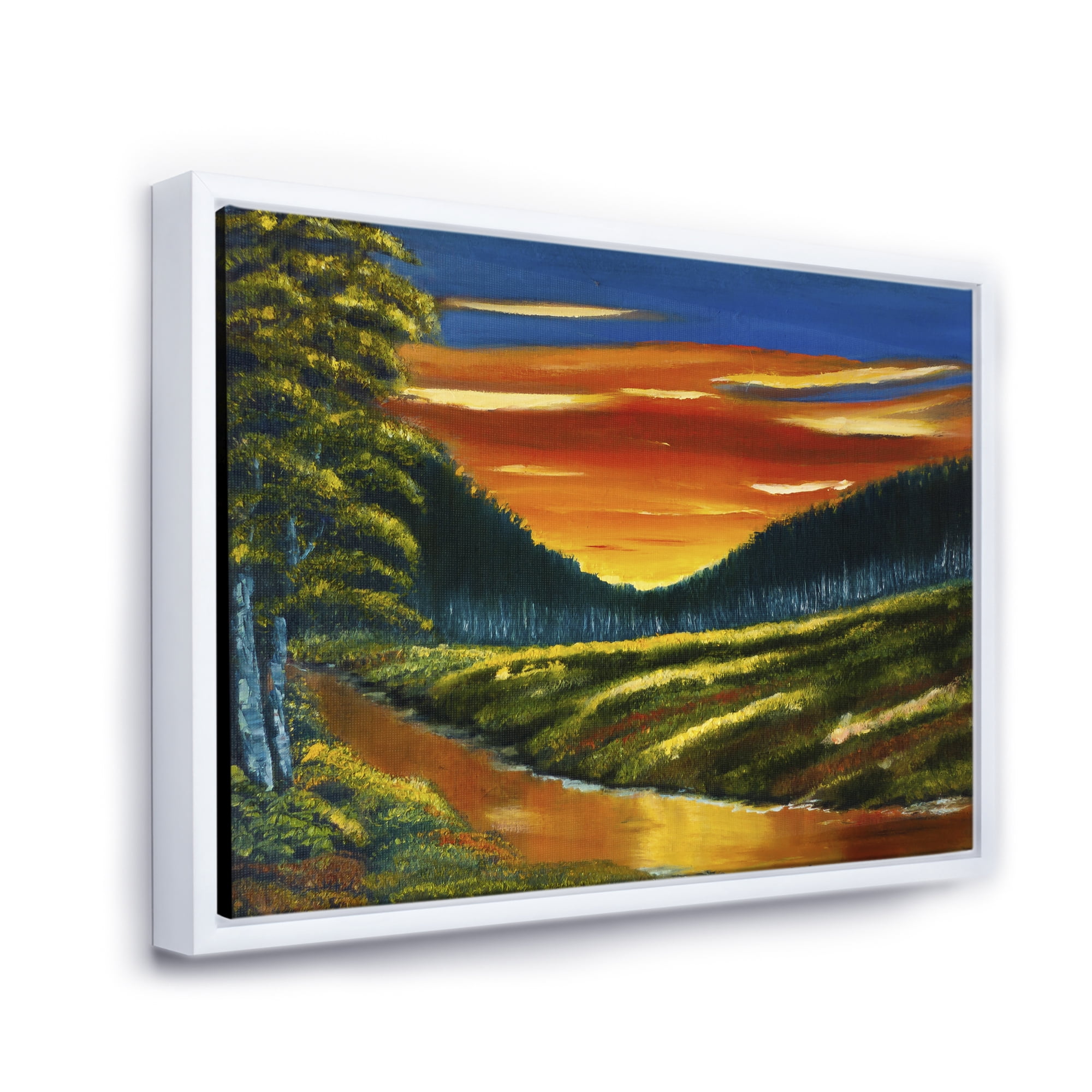 Designart 'Warm Coloured Sunset Glow Above The Lotus Swamp' Traditional Framed Canvas Wall Art Print