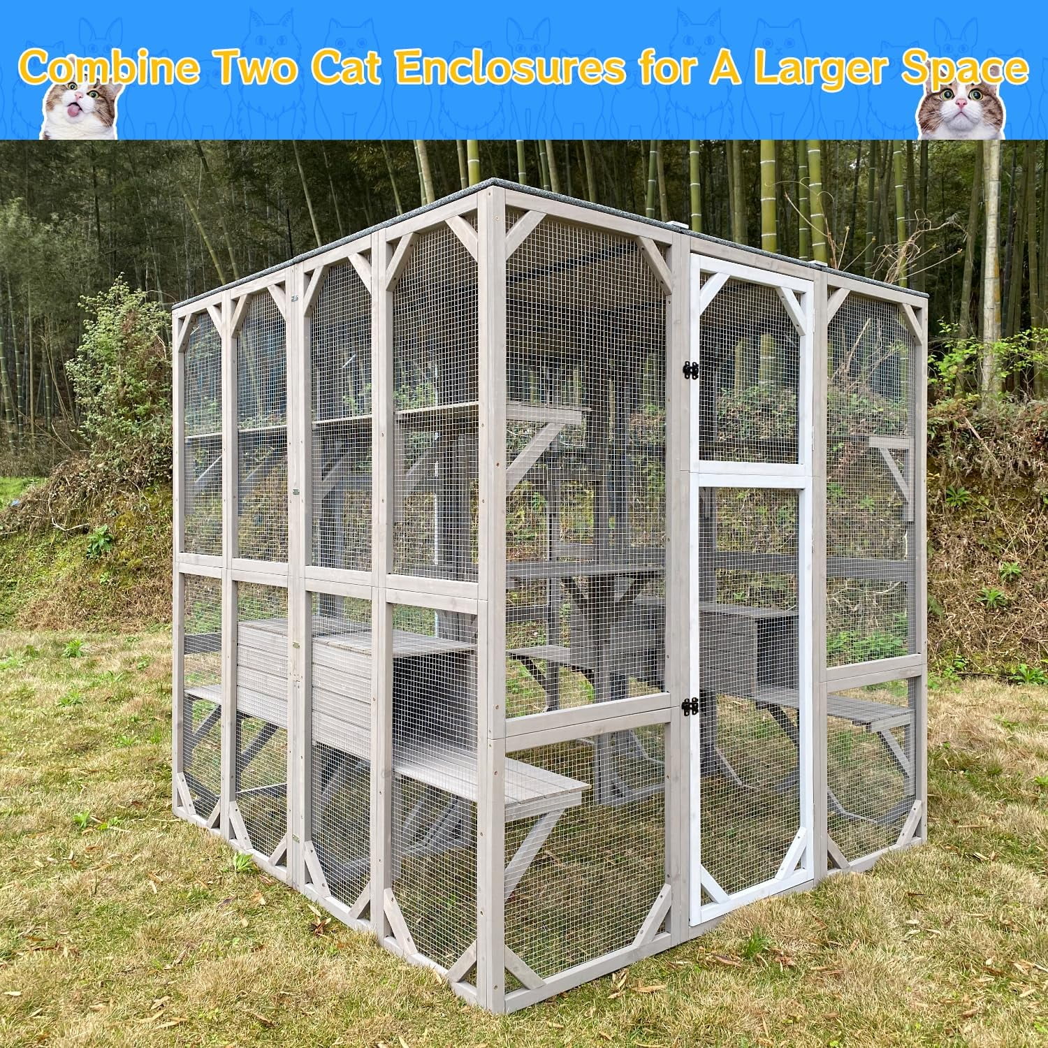 PETSCOSSET 71" Catio Outdoor Cat Enclosure Large Wooden Cat House with 5 Platforms for Multiple Cats