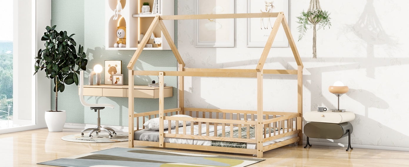 Full Size Floor Bed Frame with Roof, Wooden Montessori Bed with Fence Guardrails, No Slats Included, Natural